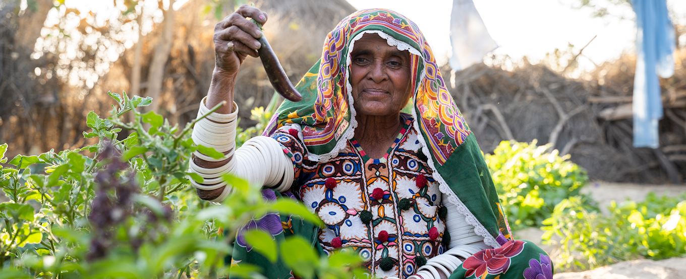 Elderly woman holding vegetables